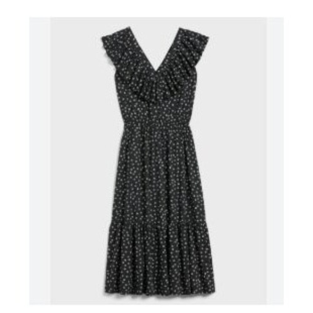 NWT Banana Republic Midi Dress Black White Floral Sleeveless Ruffle V-Neck Large